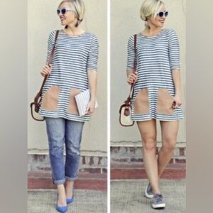 Anthropologie Postmark Sapony Striped Tunic Top Blue White Tan Faux Leather
